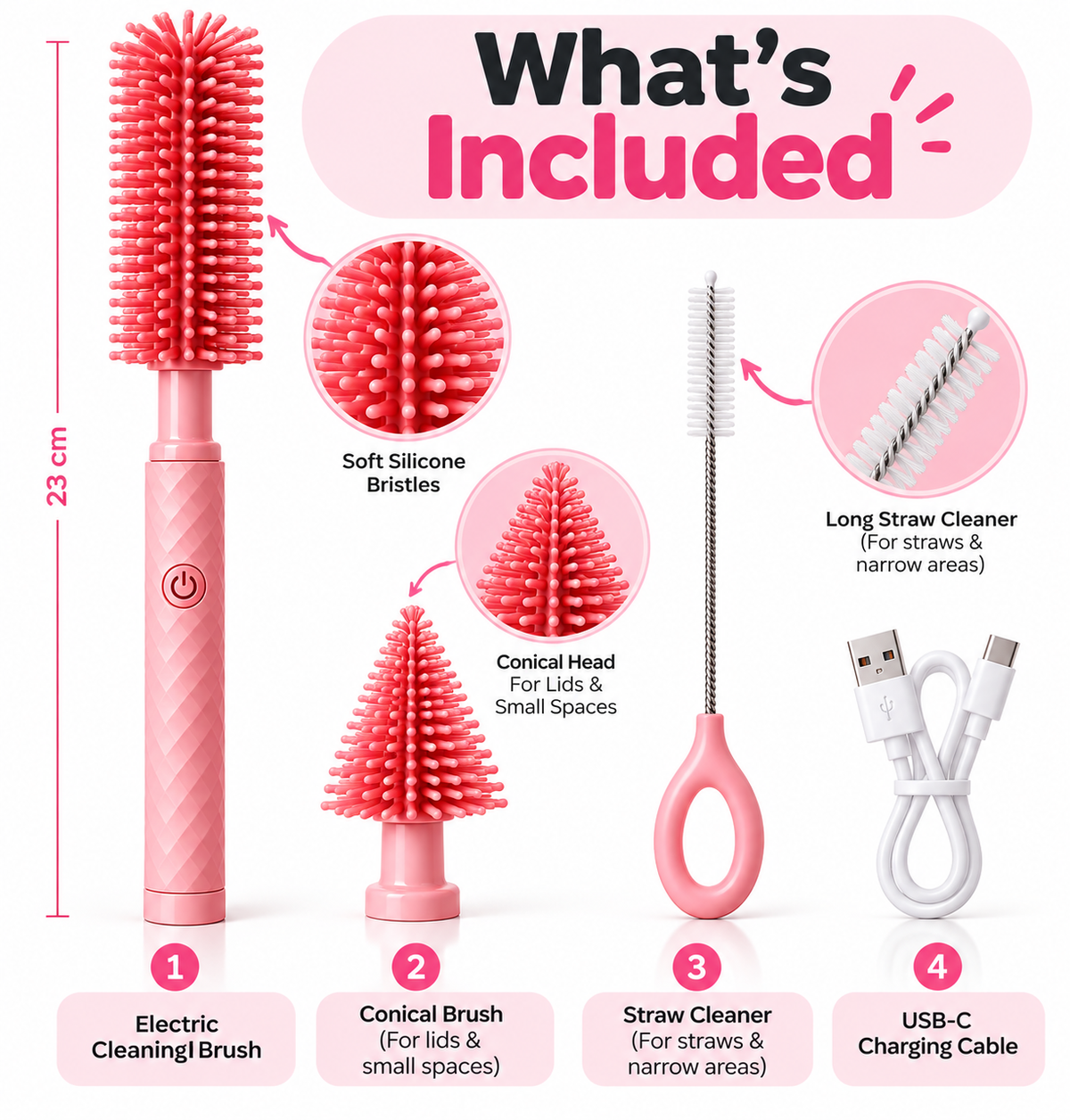 Electric Bottle Brush with 3 Cleaning Heads
