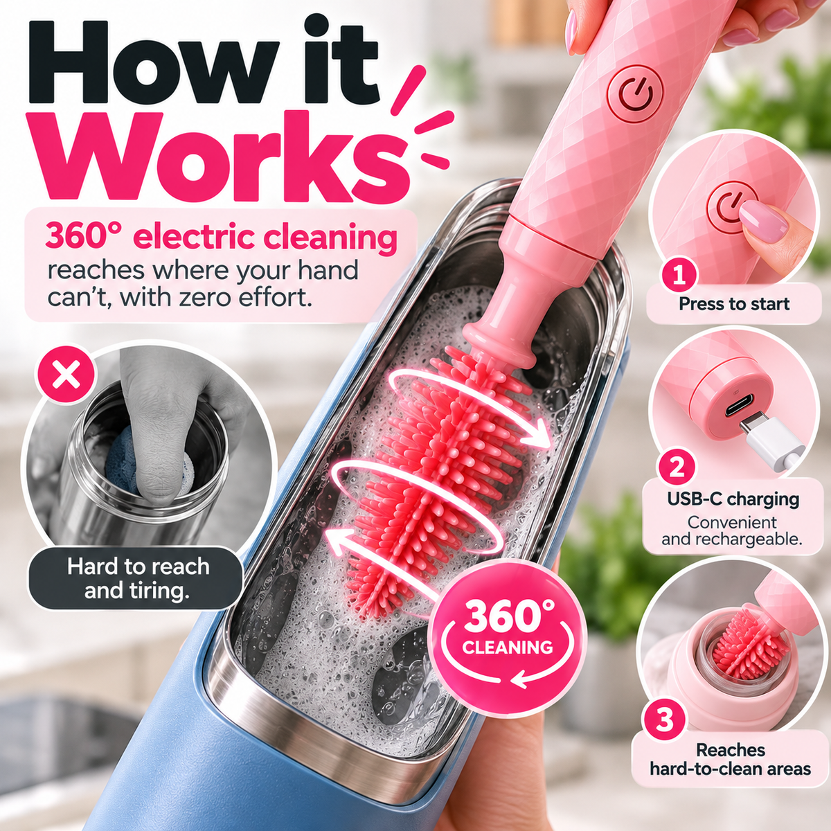 Electric Bottle Brush with 3 Cleaning Heads